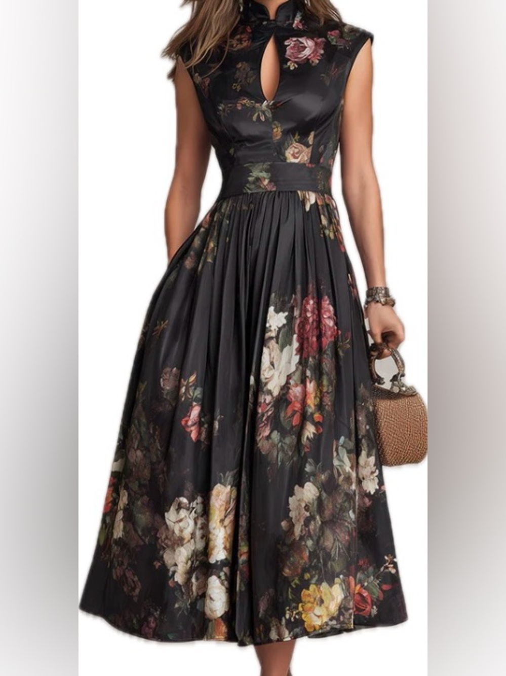 Black Floral Keyhole Maxi Dress
